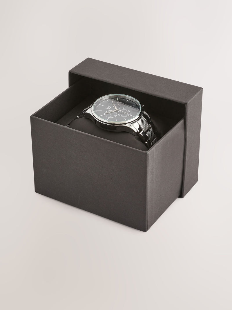 Silver tone watch with mock sub-dials and diamante, imported from the UK