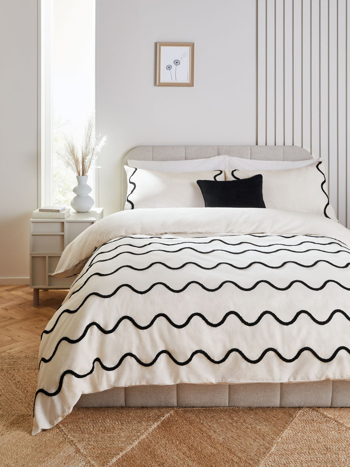 Monochrome tufted wave duvet cover and pillowcase set, imported from the UK