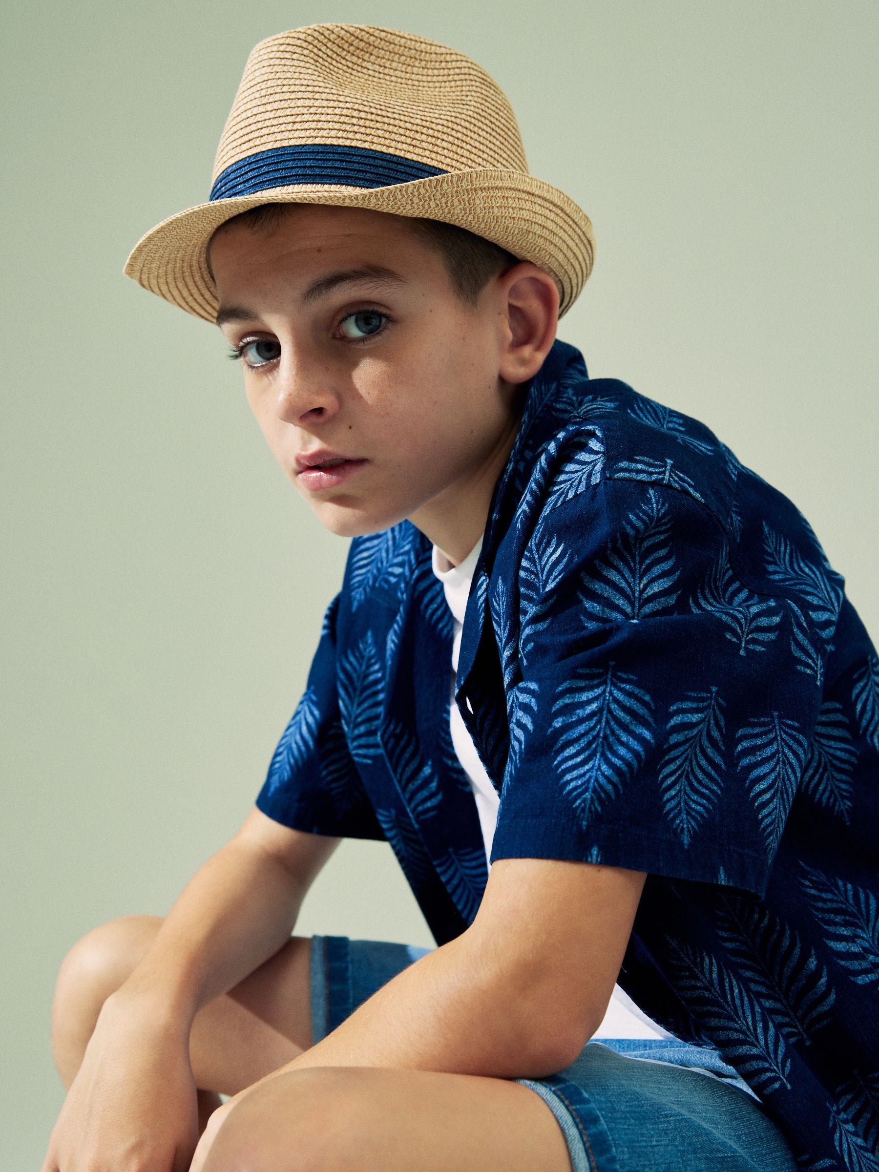 Children's straw trilby hat neutral navy band, imported from the UK