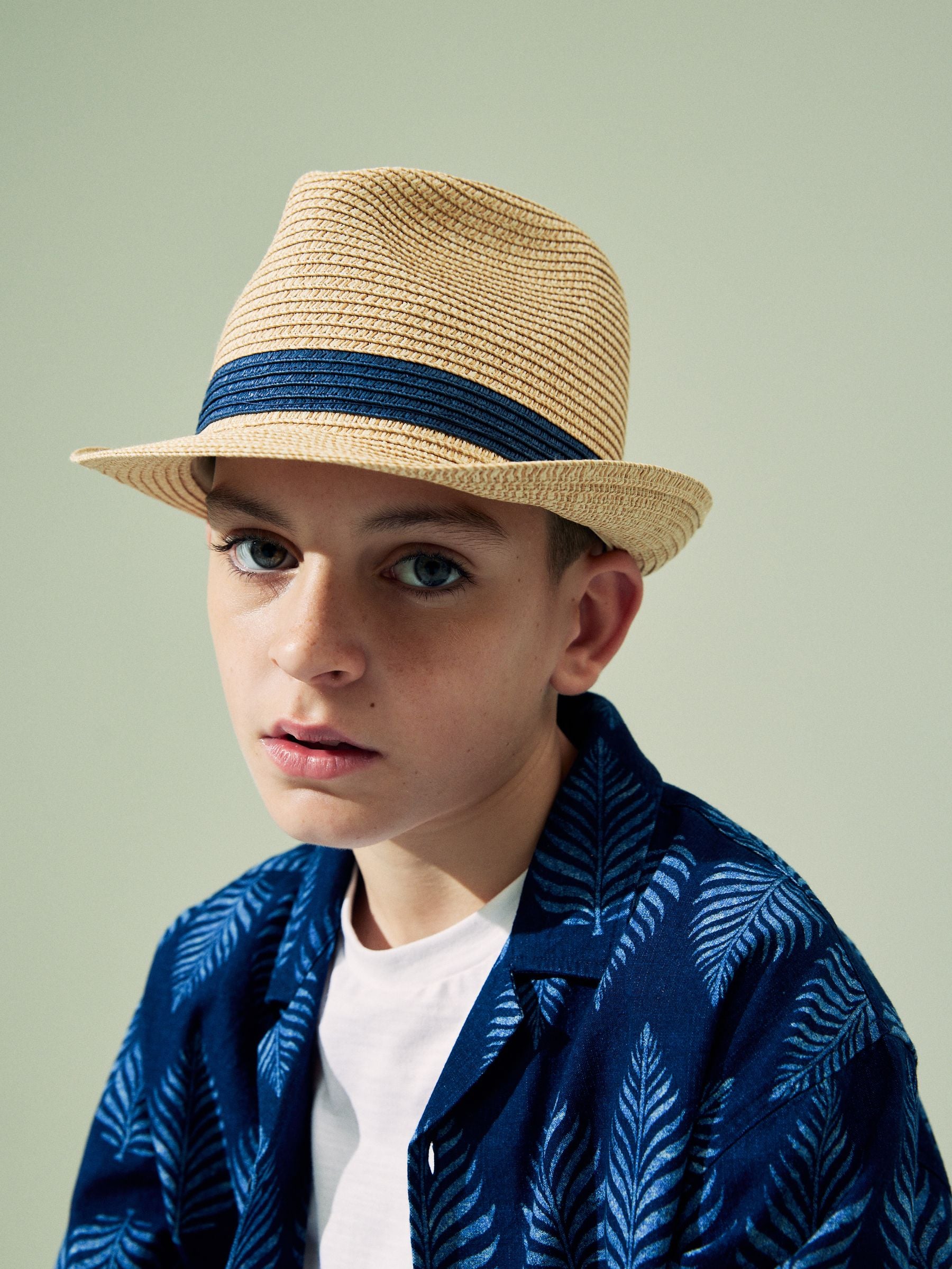 Children's straw trilby hat neutral navy band, imported from the UK