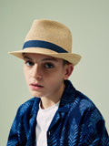 Children's straw trilby hat neutral navy band, imported from the UK