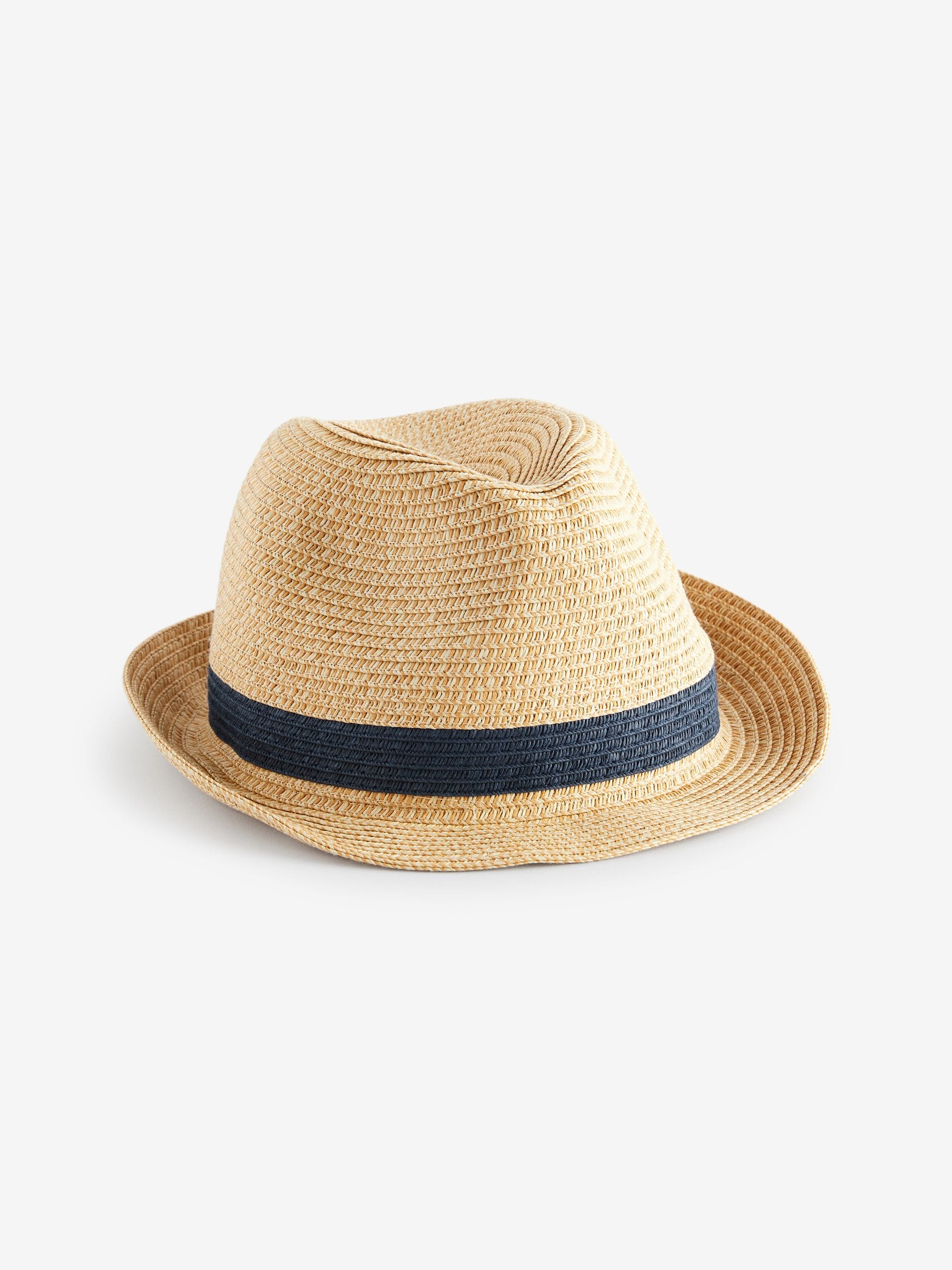 Children's straw trilby hat neutral navy band, imported from the UK