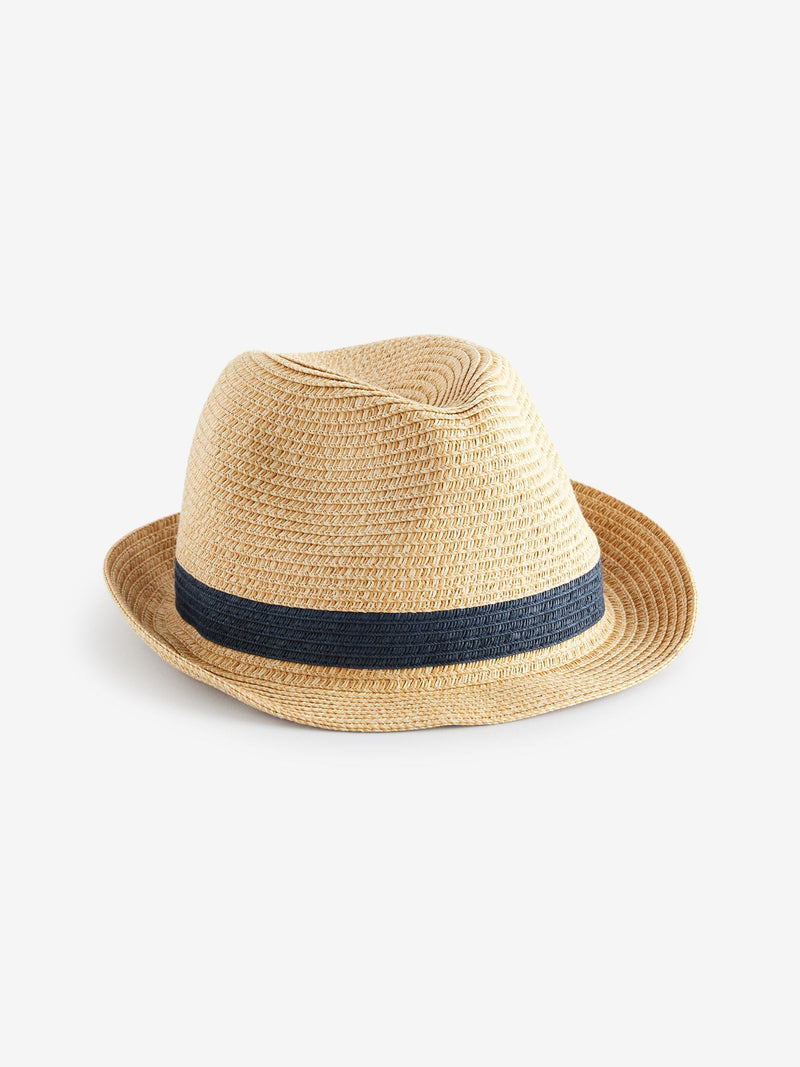 Children's straw trilby hat neutral navy band, imported from the UK