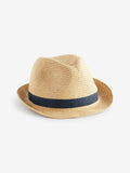 Children's straw trilby hat neutral navy band, imported from the UK