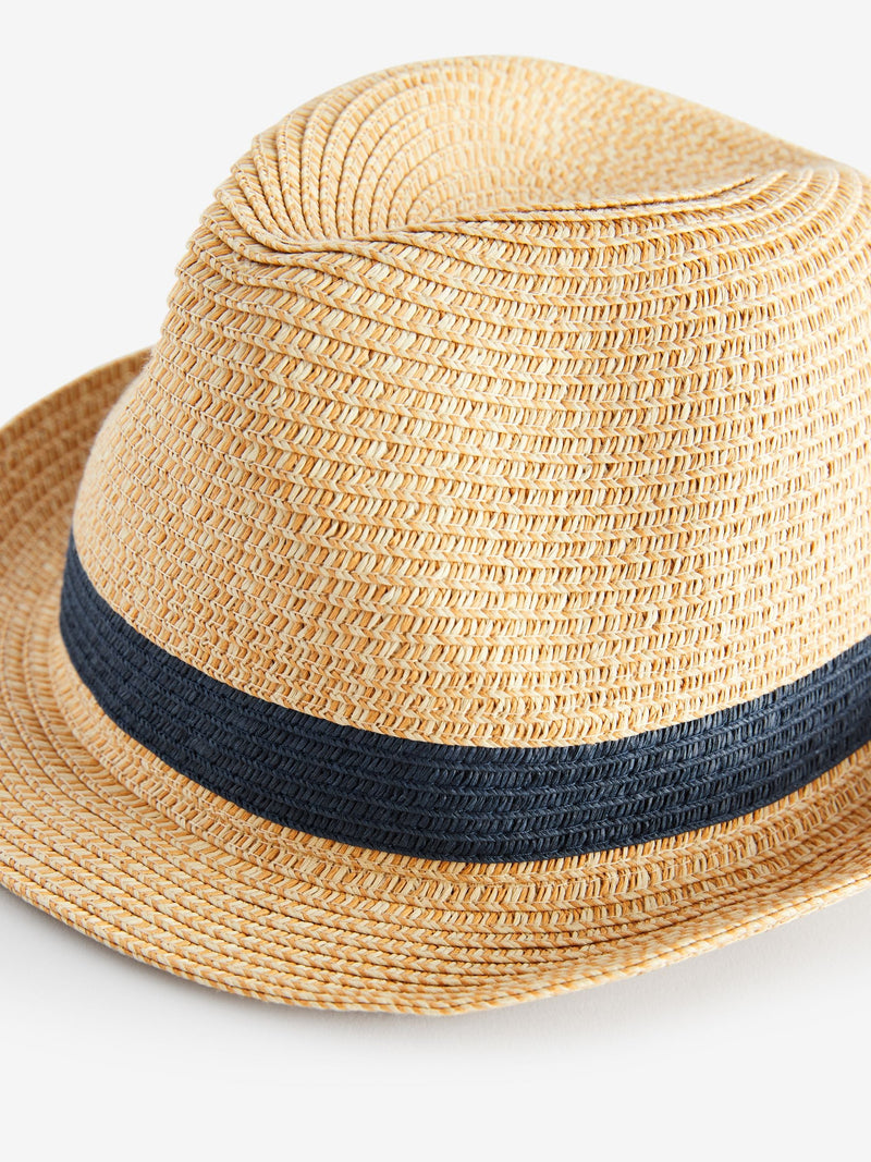 Children's straw trilby hat neutral navy band, imported from the UK