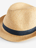Children's straw trilby hat neutral navy band, imported from the UK