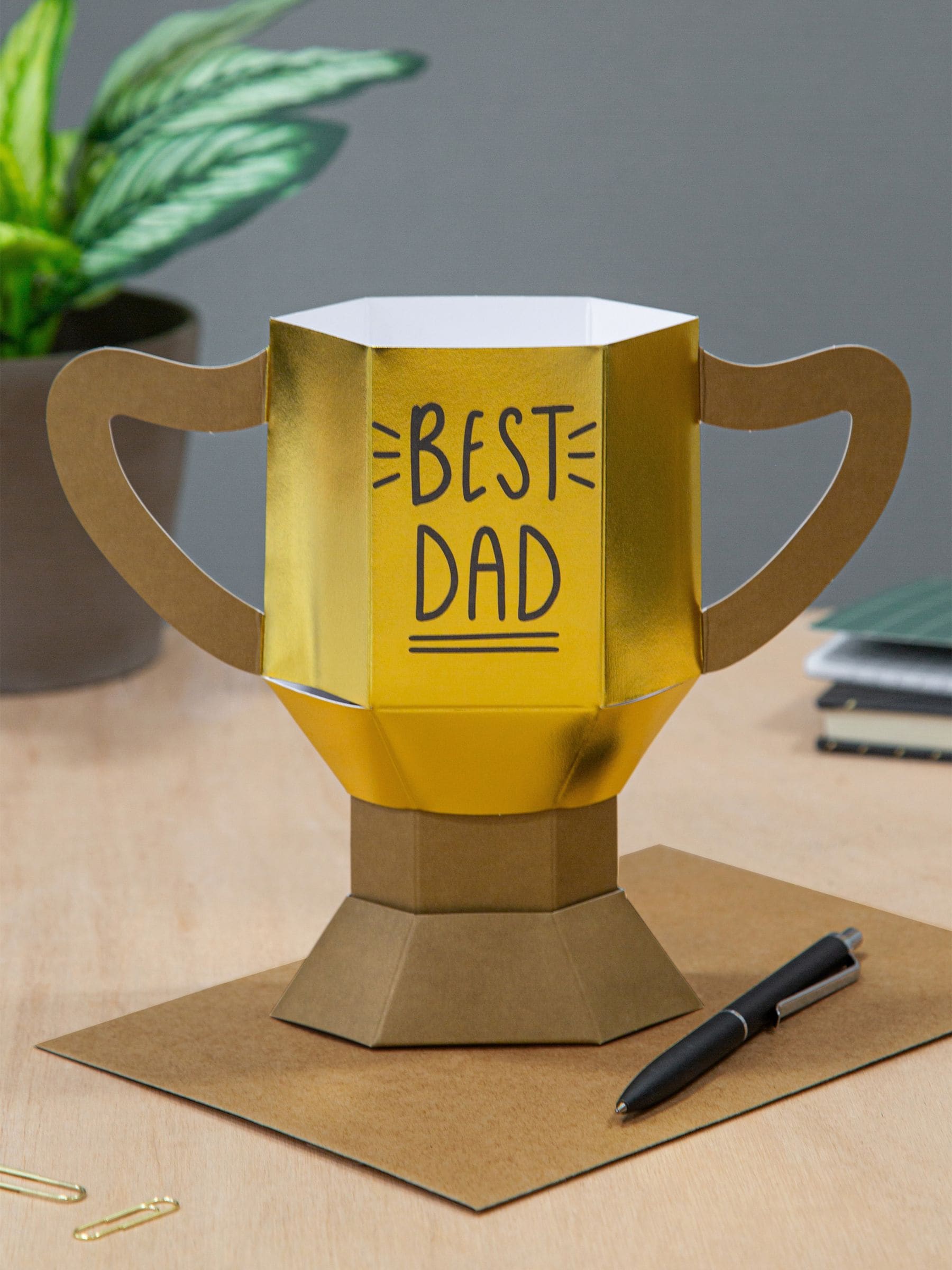 Hallmark gold birthday card with 3D Best Dad trophy, UK version