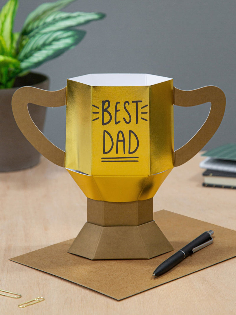 Hallmark gold birthday card with 3D Best Dad trophy, UK version