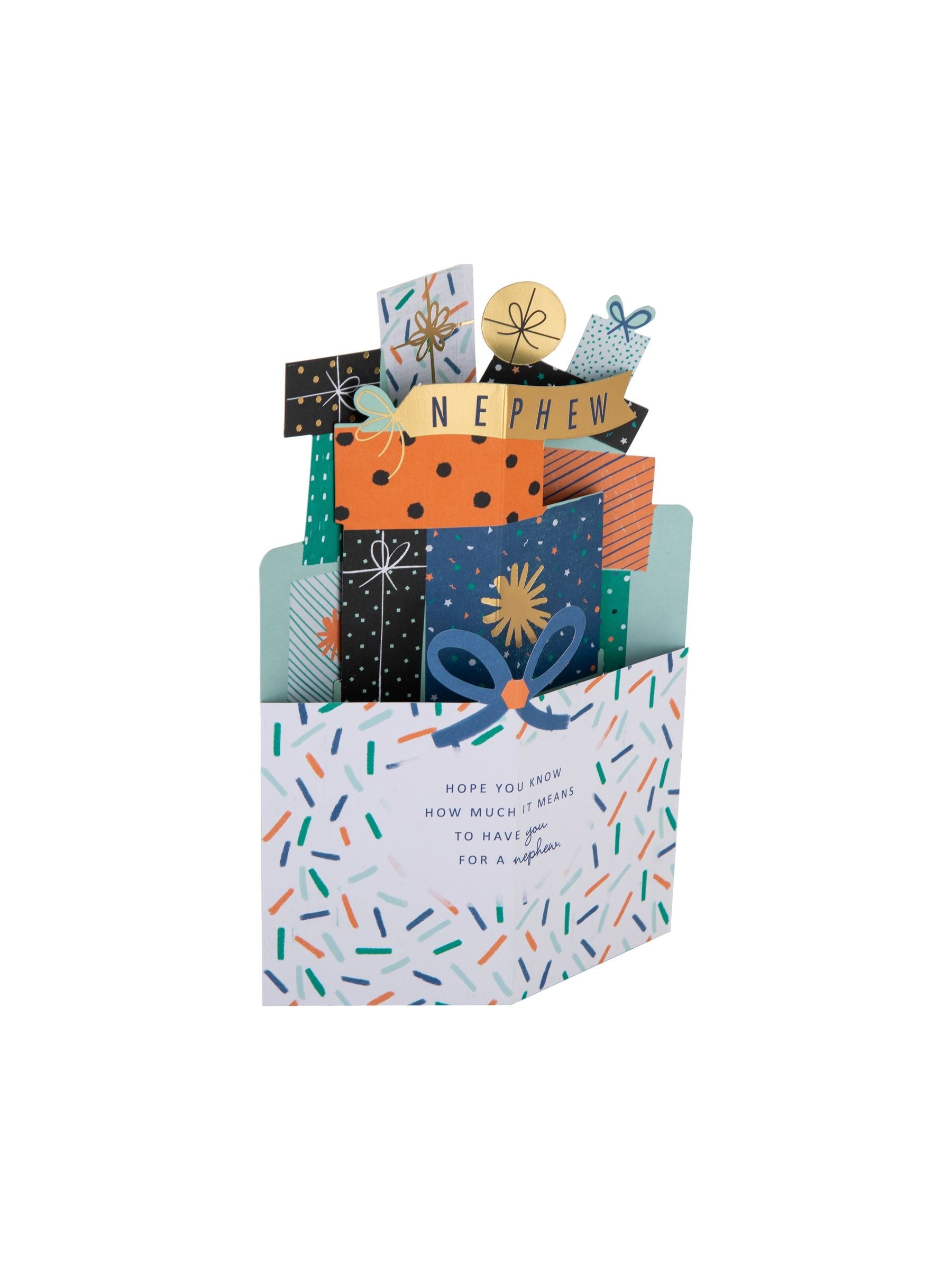 Hallmark birthday card for nephew 3D presents design, UK version
