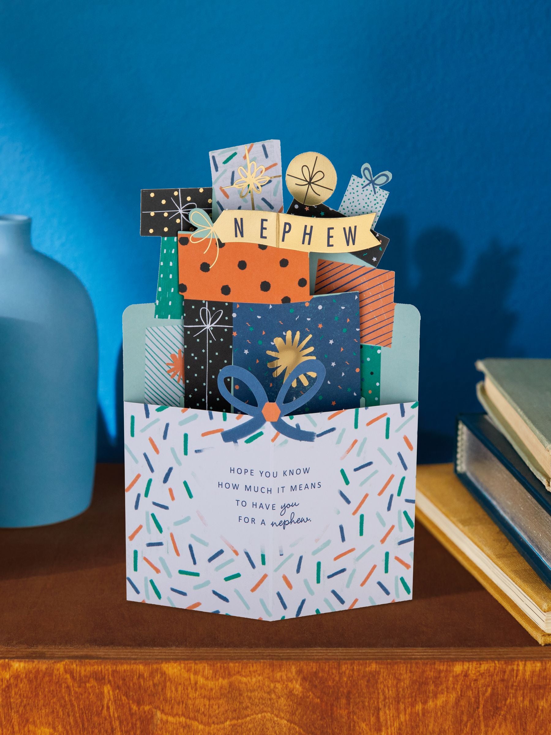 Hallmark birthday card for nephew 3D presents design, UK version