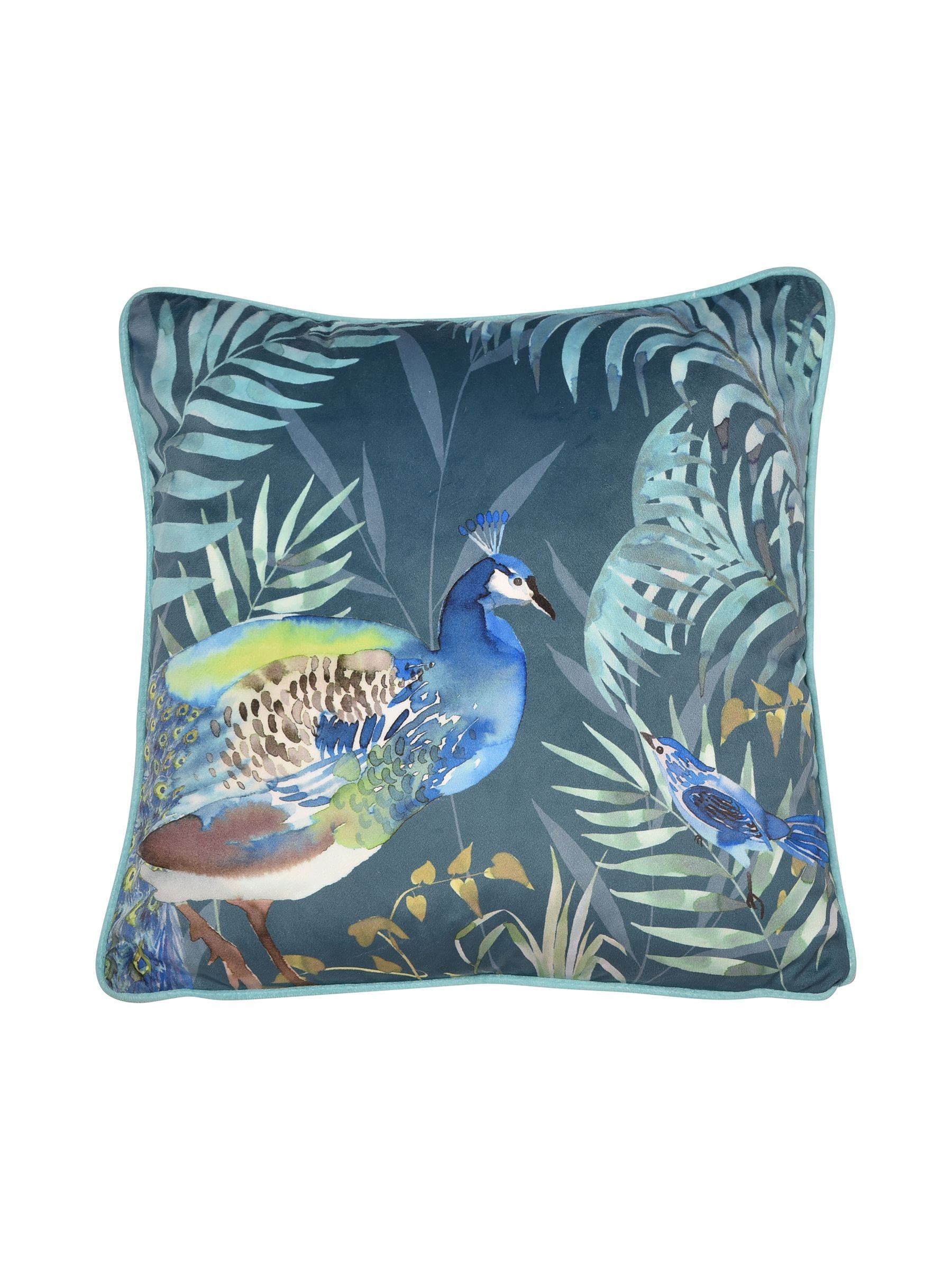 Soiree teal blue peacock velvet cushion 43cm, UK version