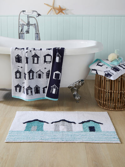 Next Fusion Beach Huts Blue 100% Cotton Anti-Slip Bath Mat 80cm x 50cm- Buy online at McGrocer