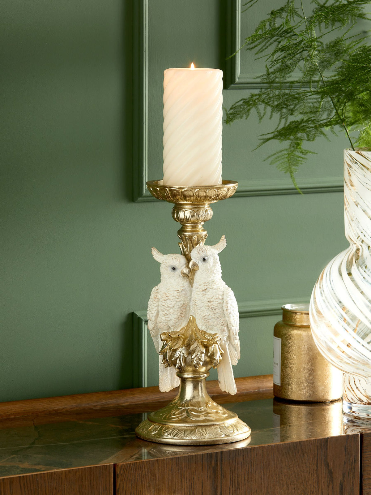 Gold cockatoo pillar candle holder 31.5cm height 14.5cm diameter, UK version
