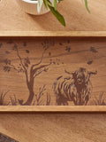Wood engraved Hamish tray with Highland cow design (British brand)
