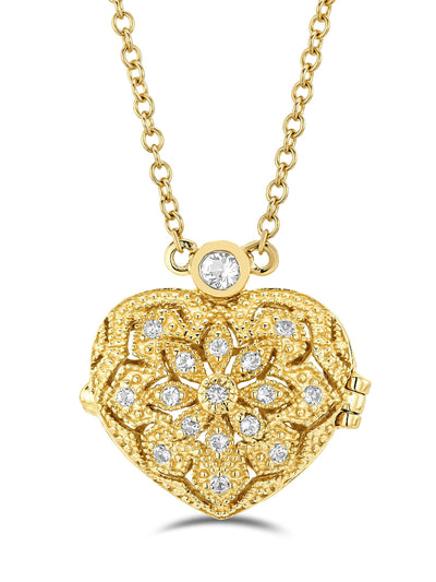Vintage Herz Medaillon Halskette mit im Labor gewachsenen Diamanten und weißem Topas in 18 Karat Gold Vermeil