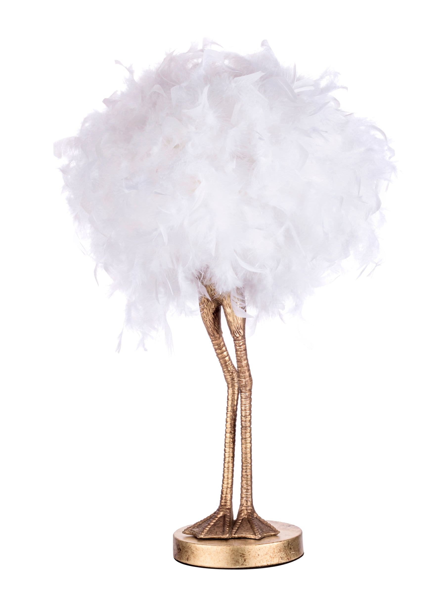 BHS gold ostrich leg table lamp with feather shade (British brand)
