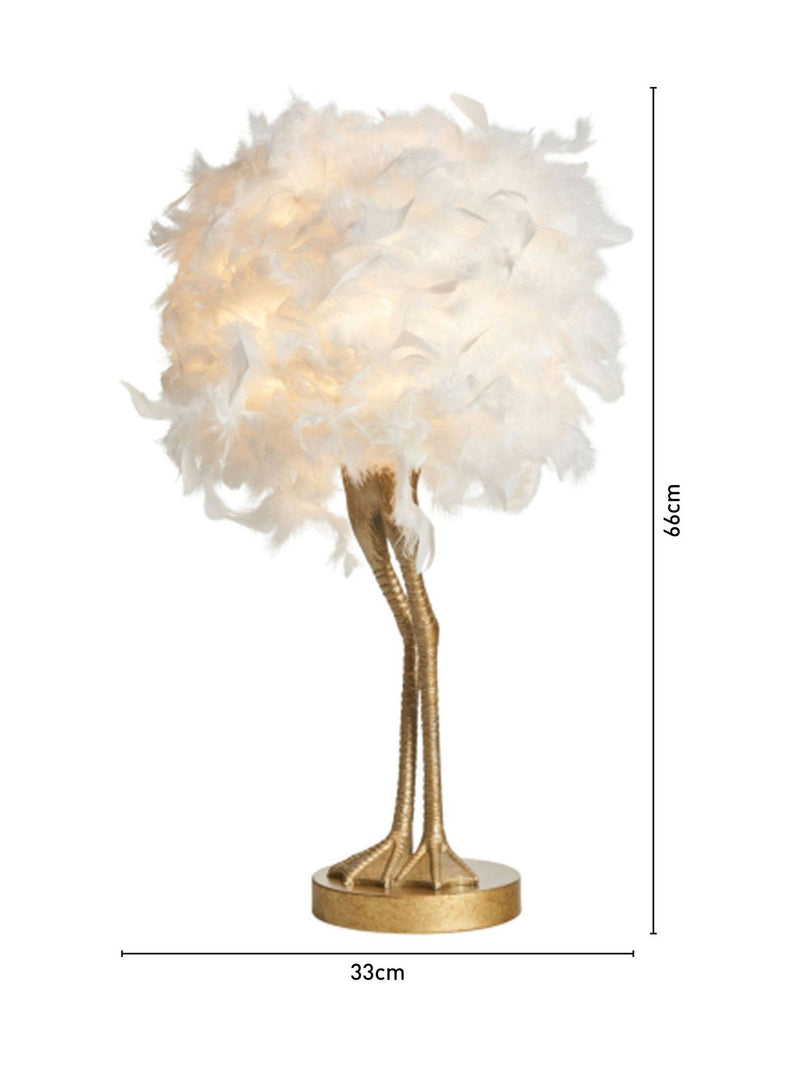 BHS gold ostrich leg table lamp with feather shade (British brand)
