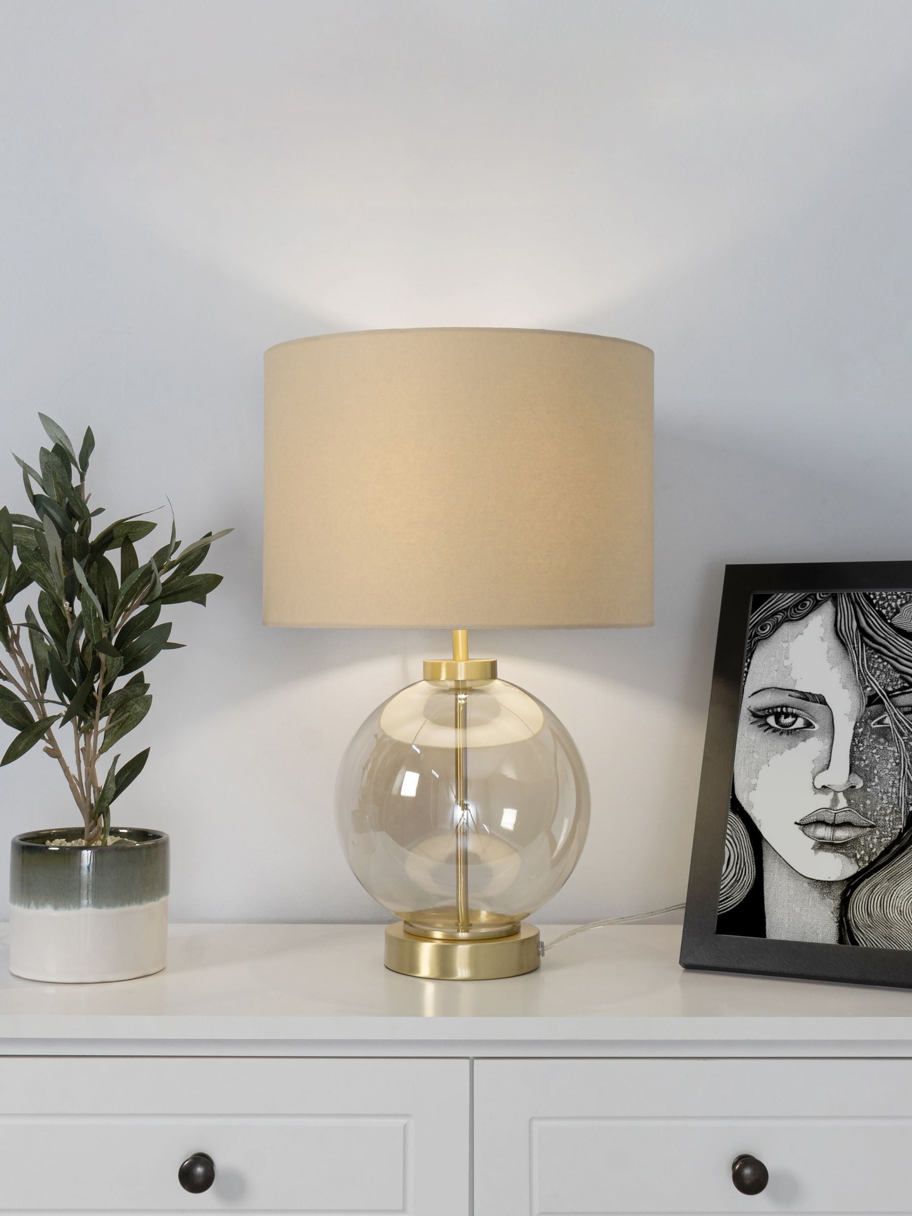 BHS satin brass mini glass sphere table lamp, UK version