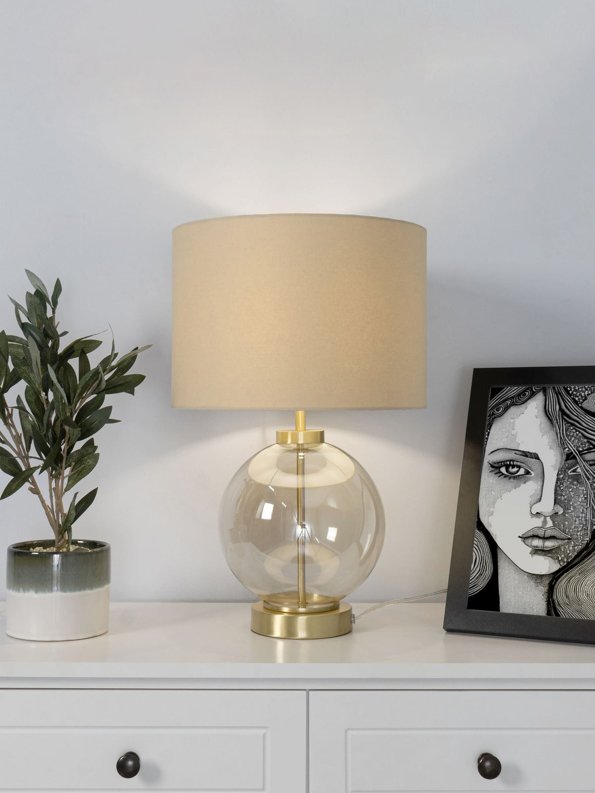 BHS satin brass mini glass sphere table lamp, UK version
