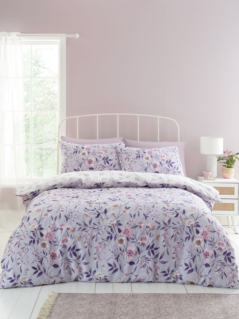 Catherine Lansfield Lilac Isadora Floral reversible duvet cover set - British product