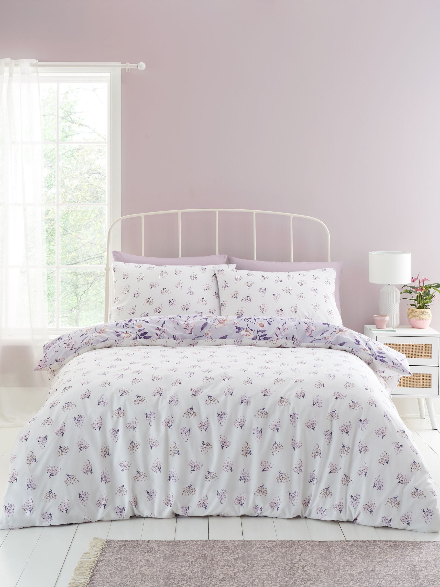 Catherine Lansfield Lilac Isadora Floral reversible duvet cover set - British product