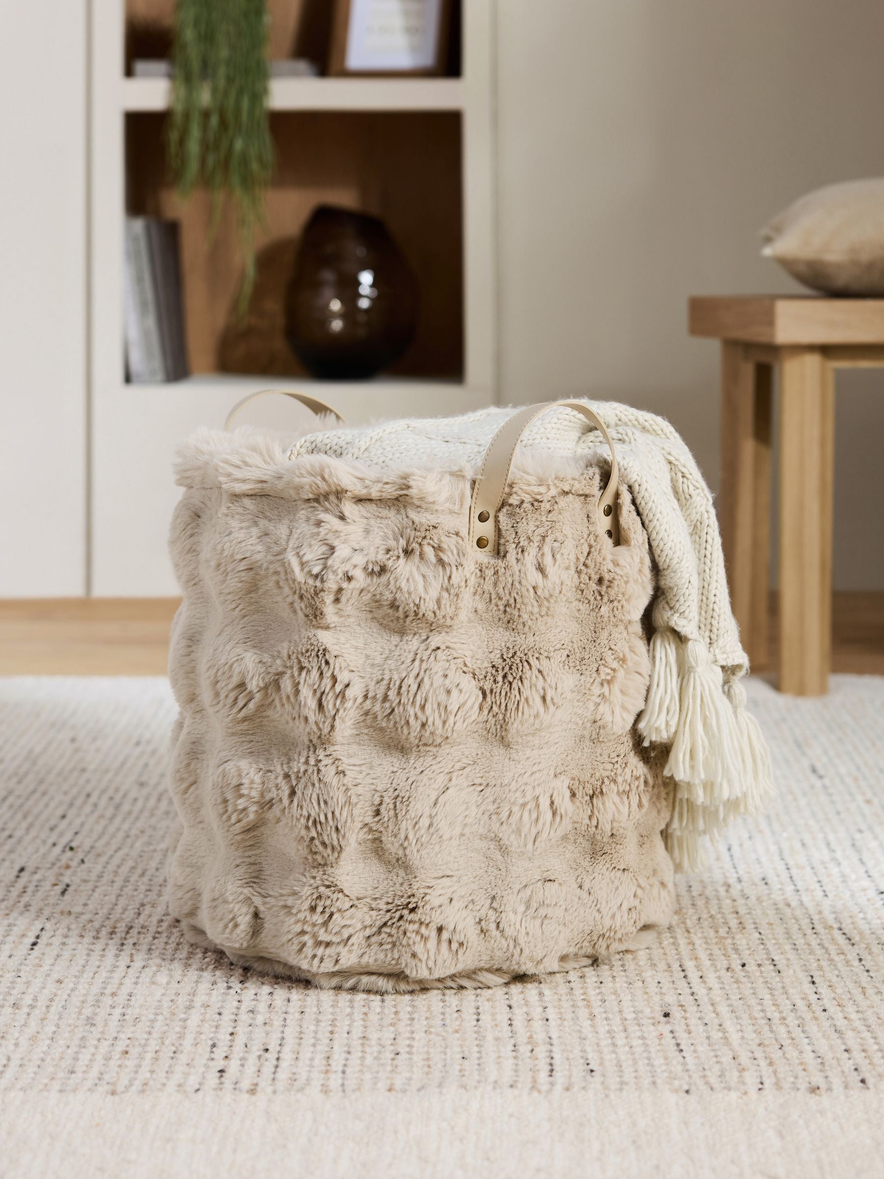 Beige faux fur storage basket with handles (British brand)