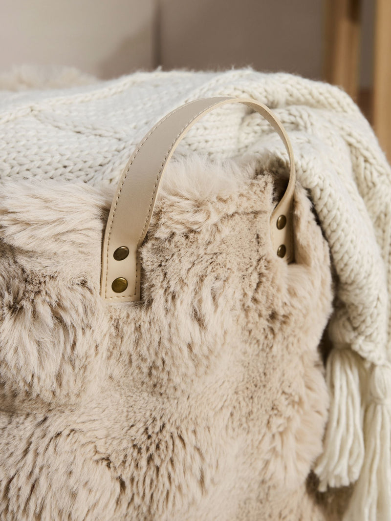 Beige faux fur storage basket with handles (British brand)