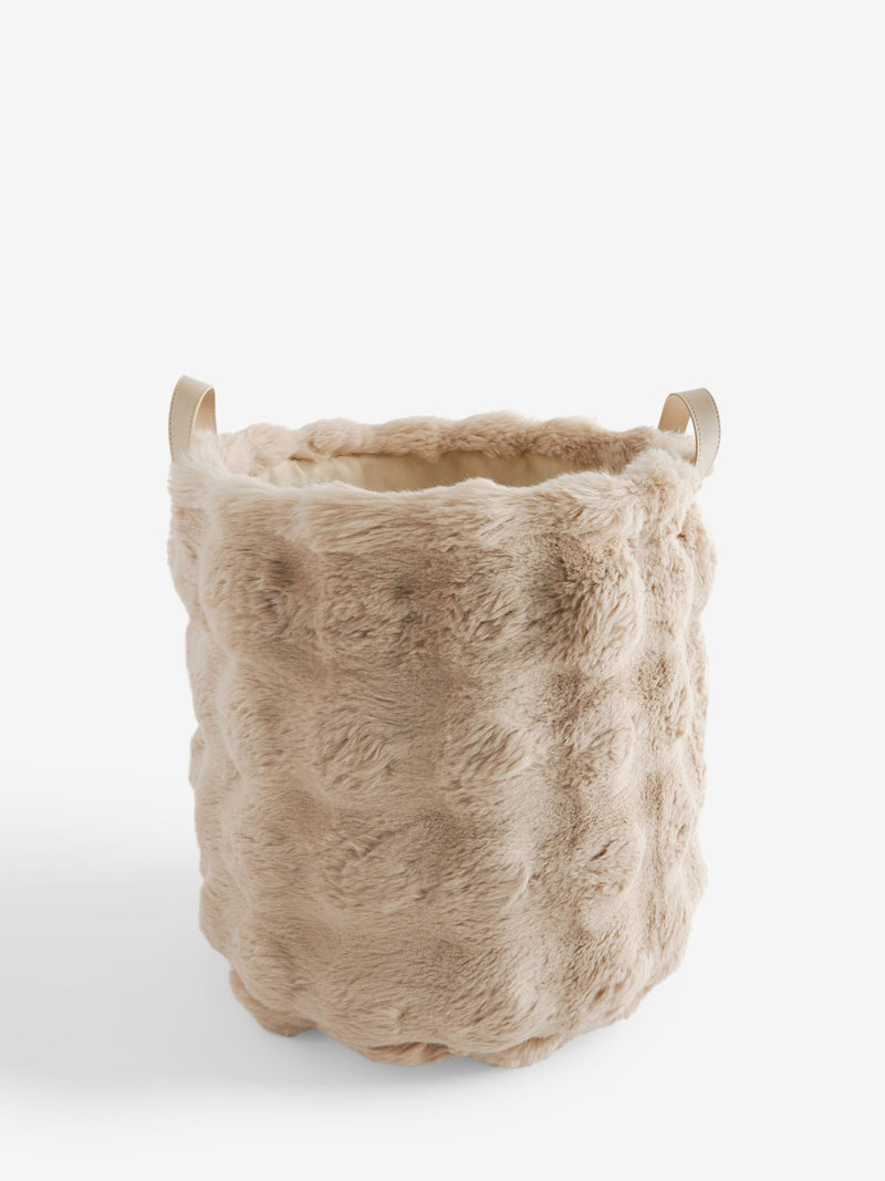 Beige faux fur storage basket with handles (British brand)
