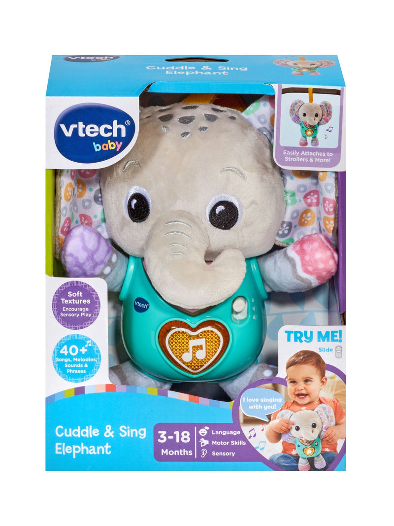VTech blue cuddle and sing elephant toy, UK version