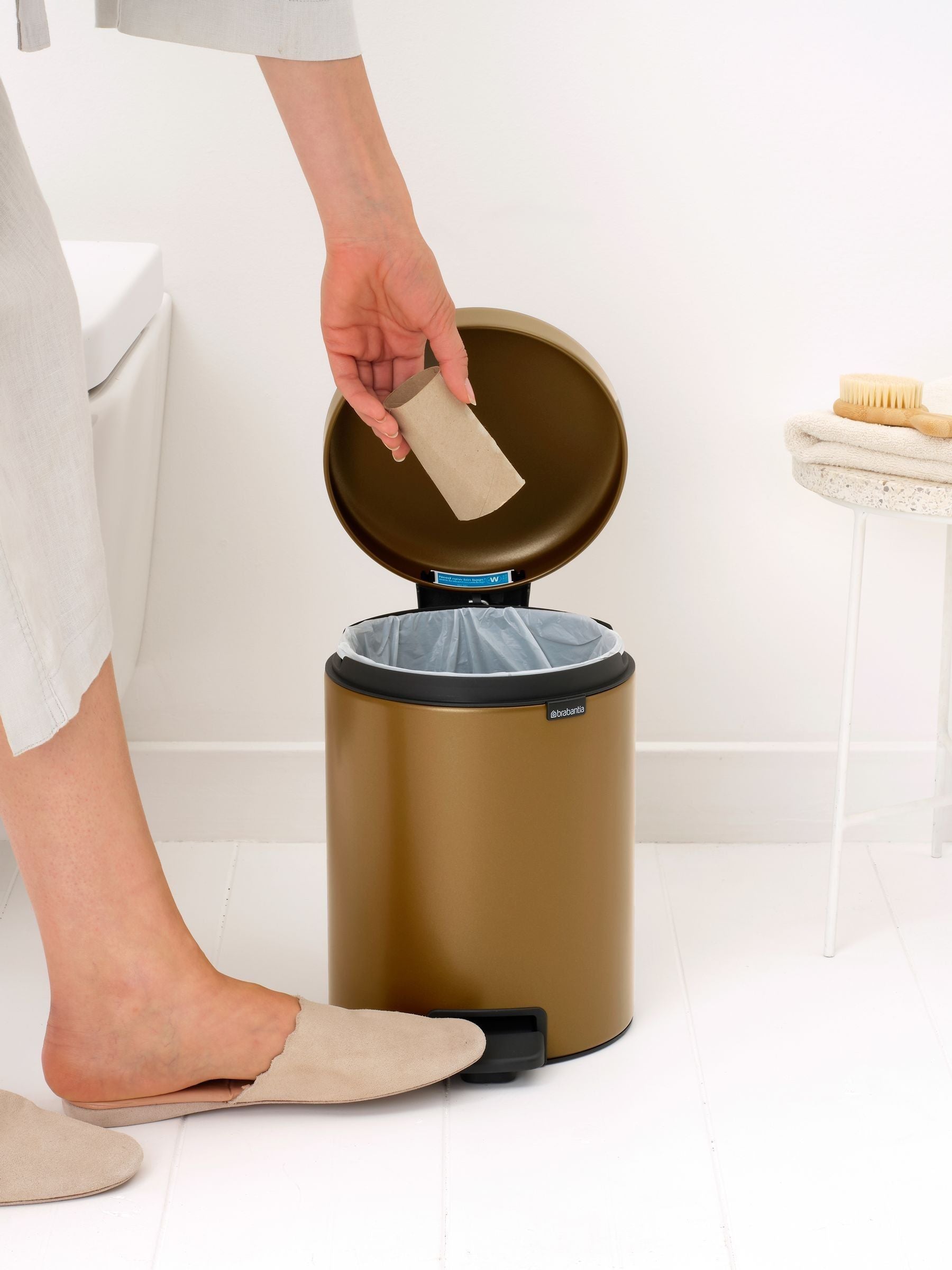 Brabantia pedal bin warm brass 5 litre, imported from the UK
