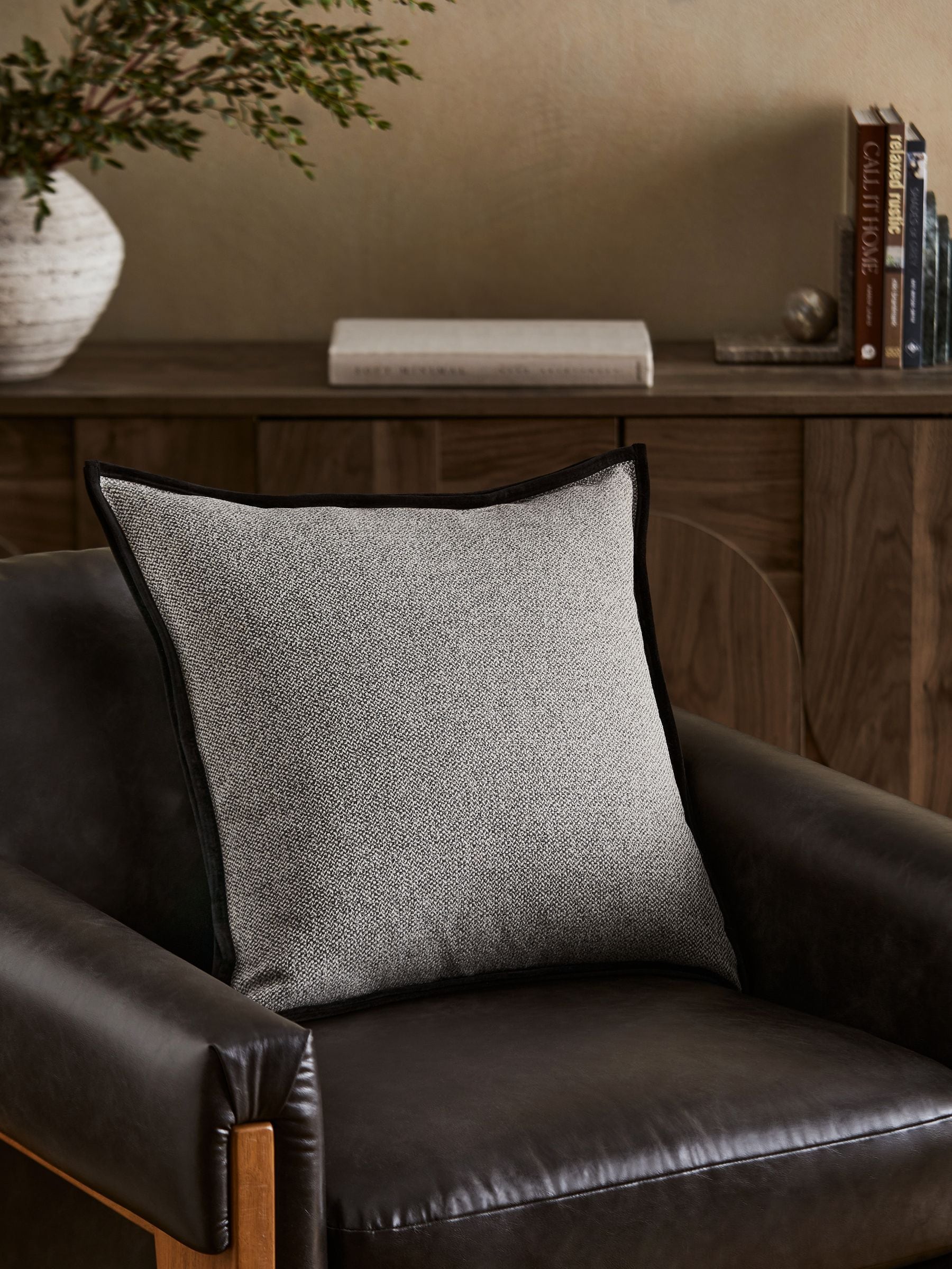 Aubrey Tweed Velour Trim Cushion - Black - 59 x 59cm