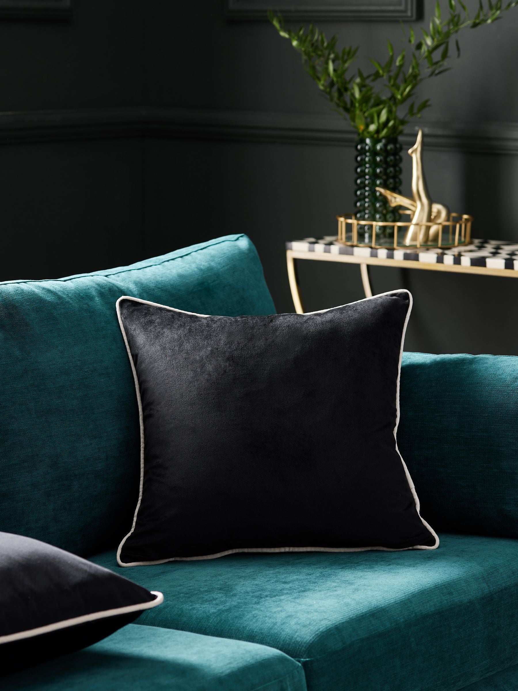 Dark Green Matte Velvet Contrast Pipe Cushion - 50 x 50cm