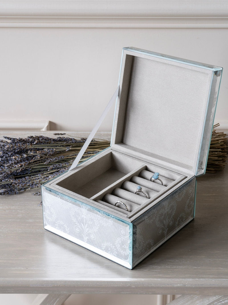 Laura Ashley Josette print mirror jewellery box measuring 15x15x9cm, UK version