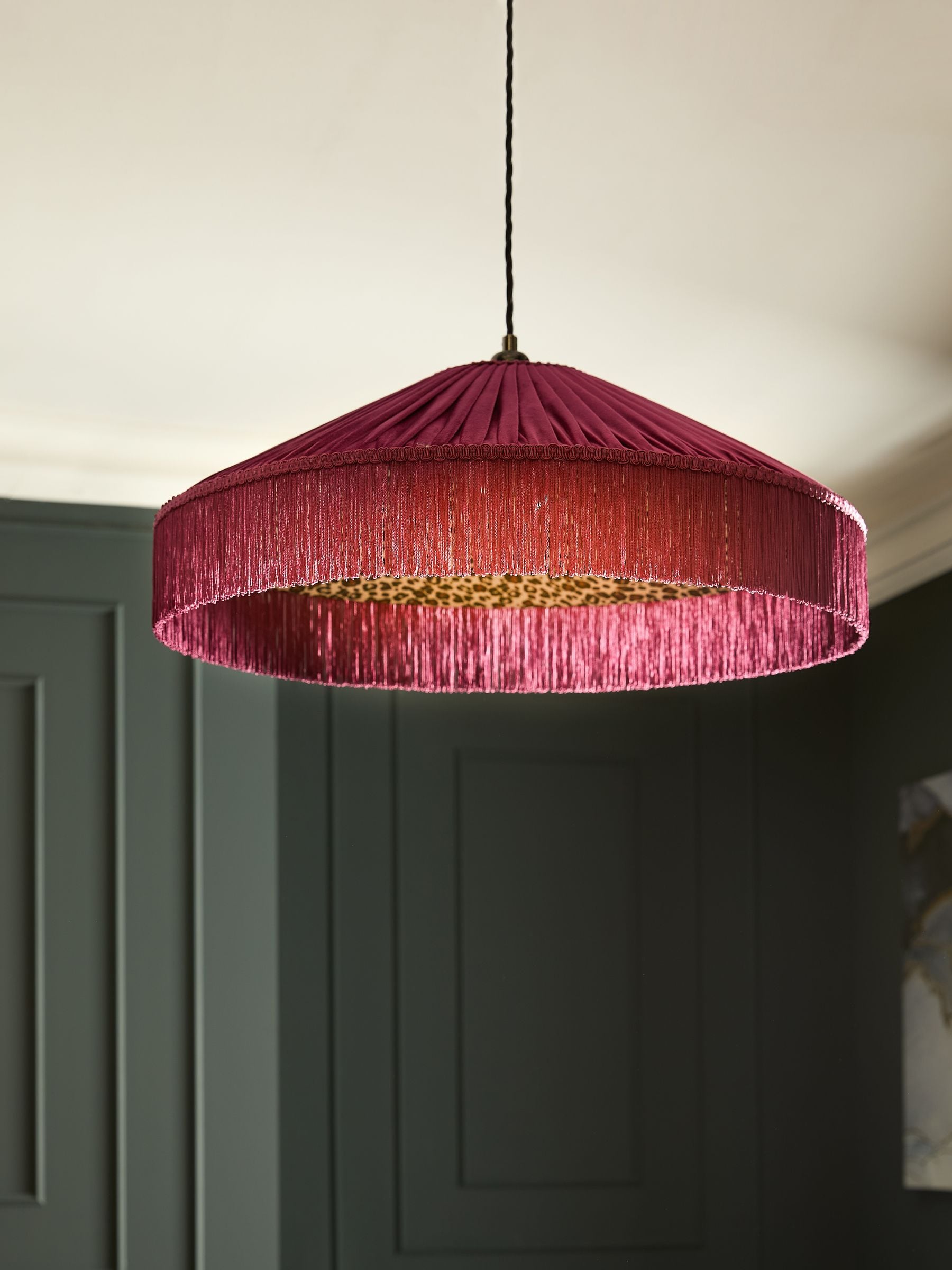 Next Allegra fringed lampshade burgundy red leopard print 61cm - British product