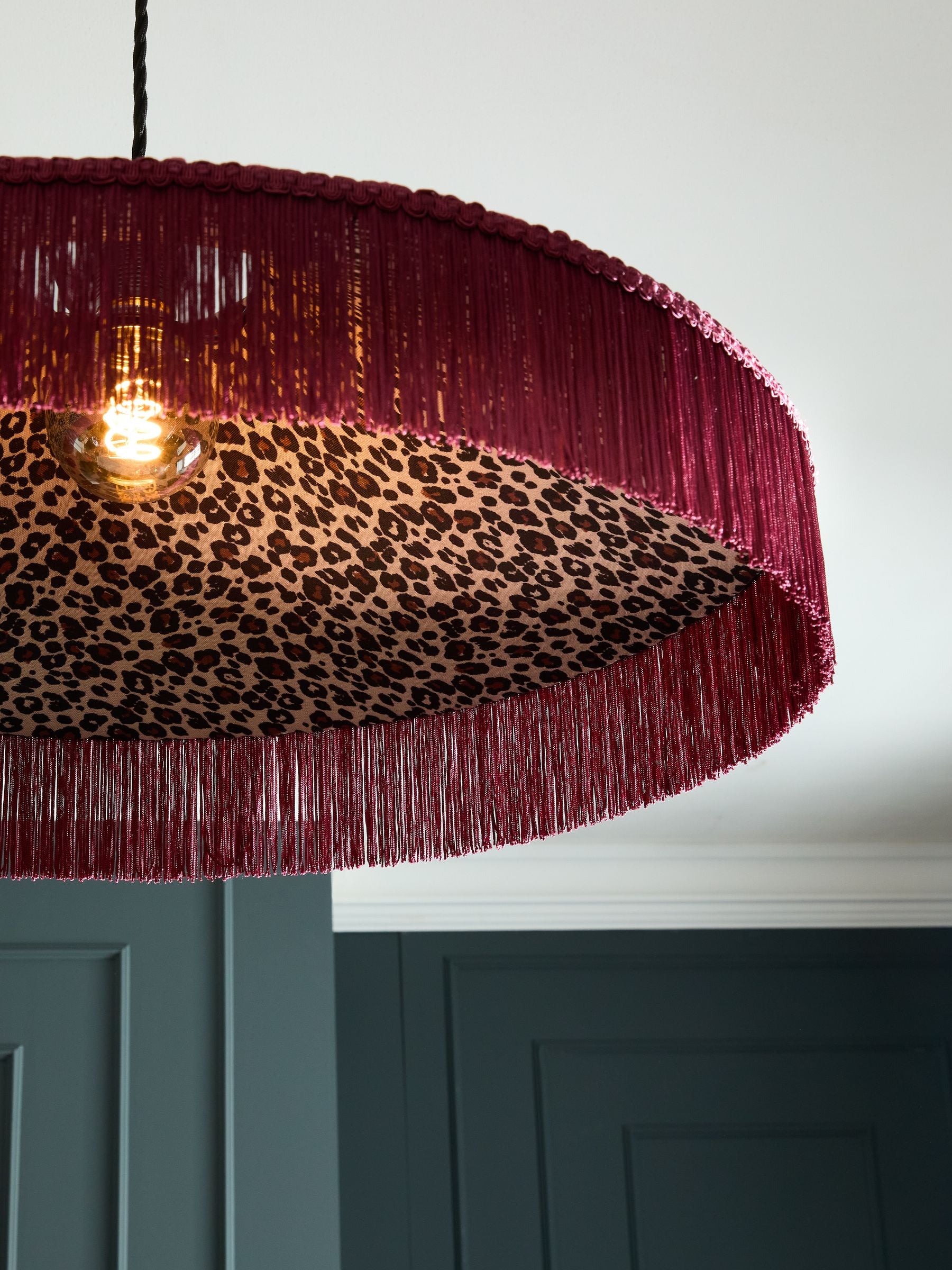 Burgundy Red/Leopard Print Allegra Velvet Fringed Easy Fit Ceiling Light Shade