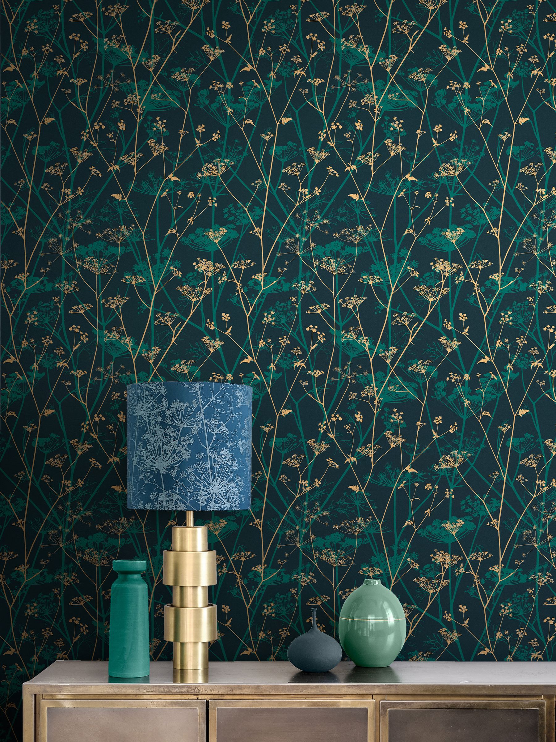 Clarissa Hulse Wild Chervil Kingfisher Gold wallpaper 10M, imported from the UK