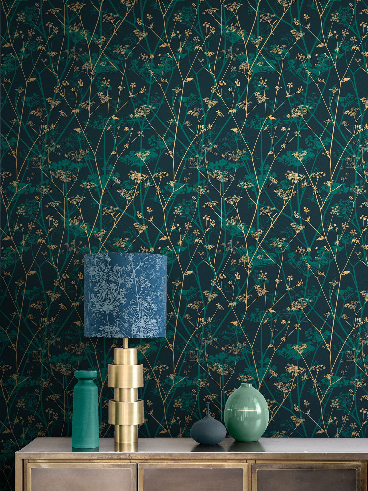 Clarissa Hulse Wild Chervil Kingfisher Gold wallpaper 10M, imported from the UK