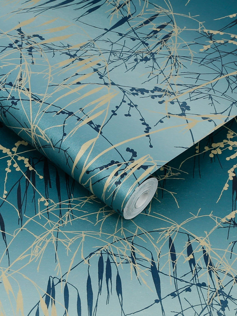 Clarissa Hulse teal gold meadow grass wallpaper 10m - British product