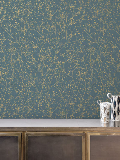 Next Clarissa Hulse Gypsophila Wallpaper Airforce Blue Soft Gold 10m x 52cm- Buy online at McGrocer