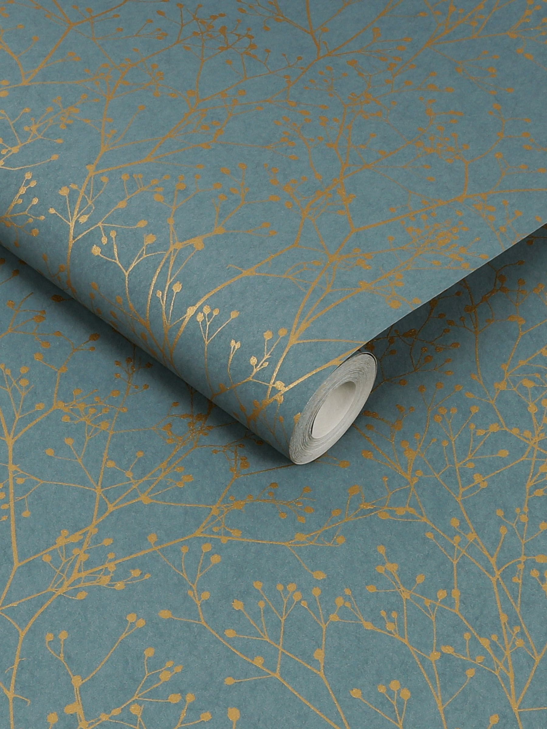 Clarissa Hulse Gypsophila wallpaper Airforce Blue Soft Gold 10m - British product