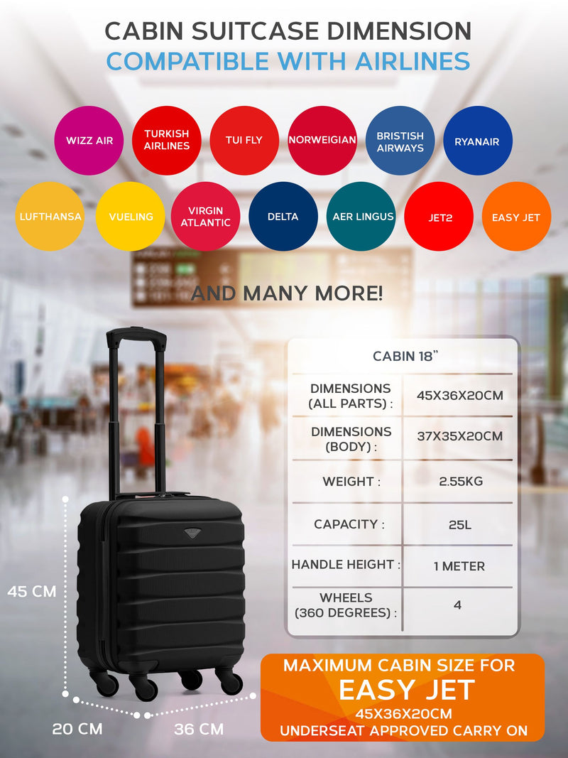 Flight Knight black ABS underseat cabin luggage 45x36x20cm, imported from the UK