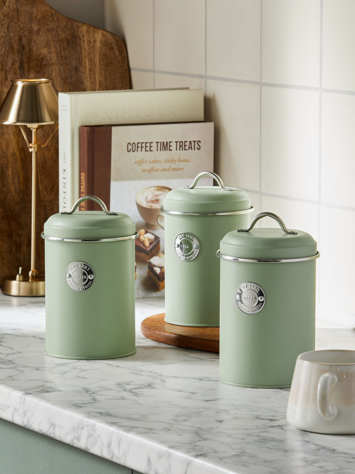 Cream Badge Set of 2 Metal Storage Jars for Tea, Coffee & Sugar