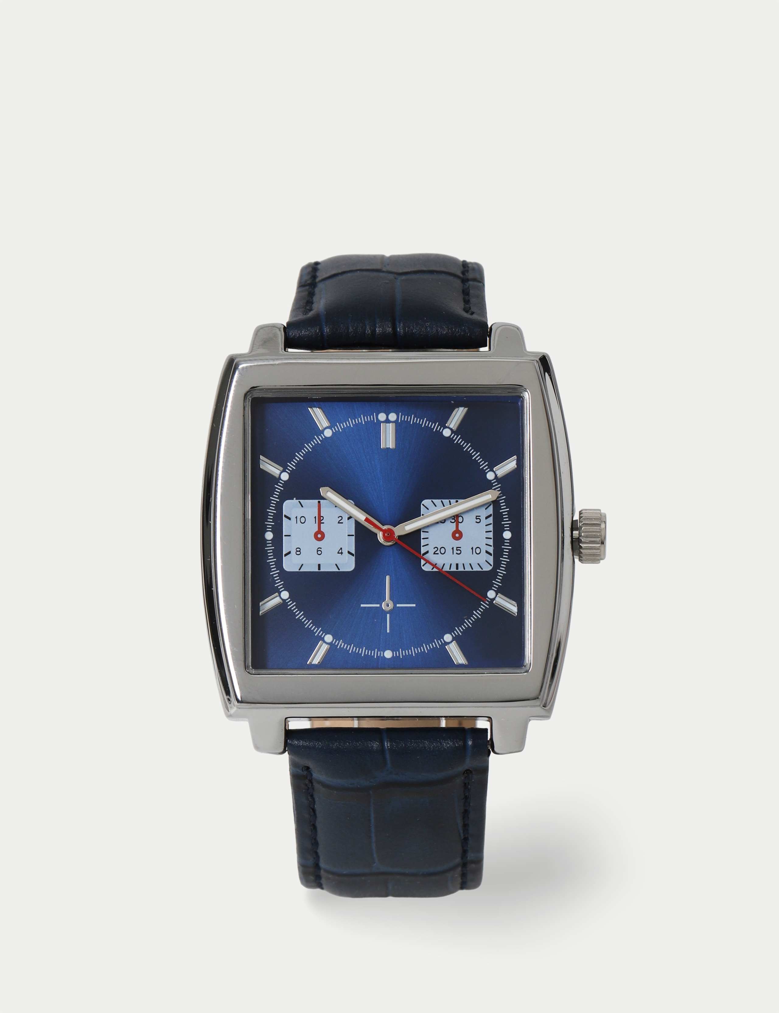 Navy red square watch with leather buckle fastening, UK version