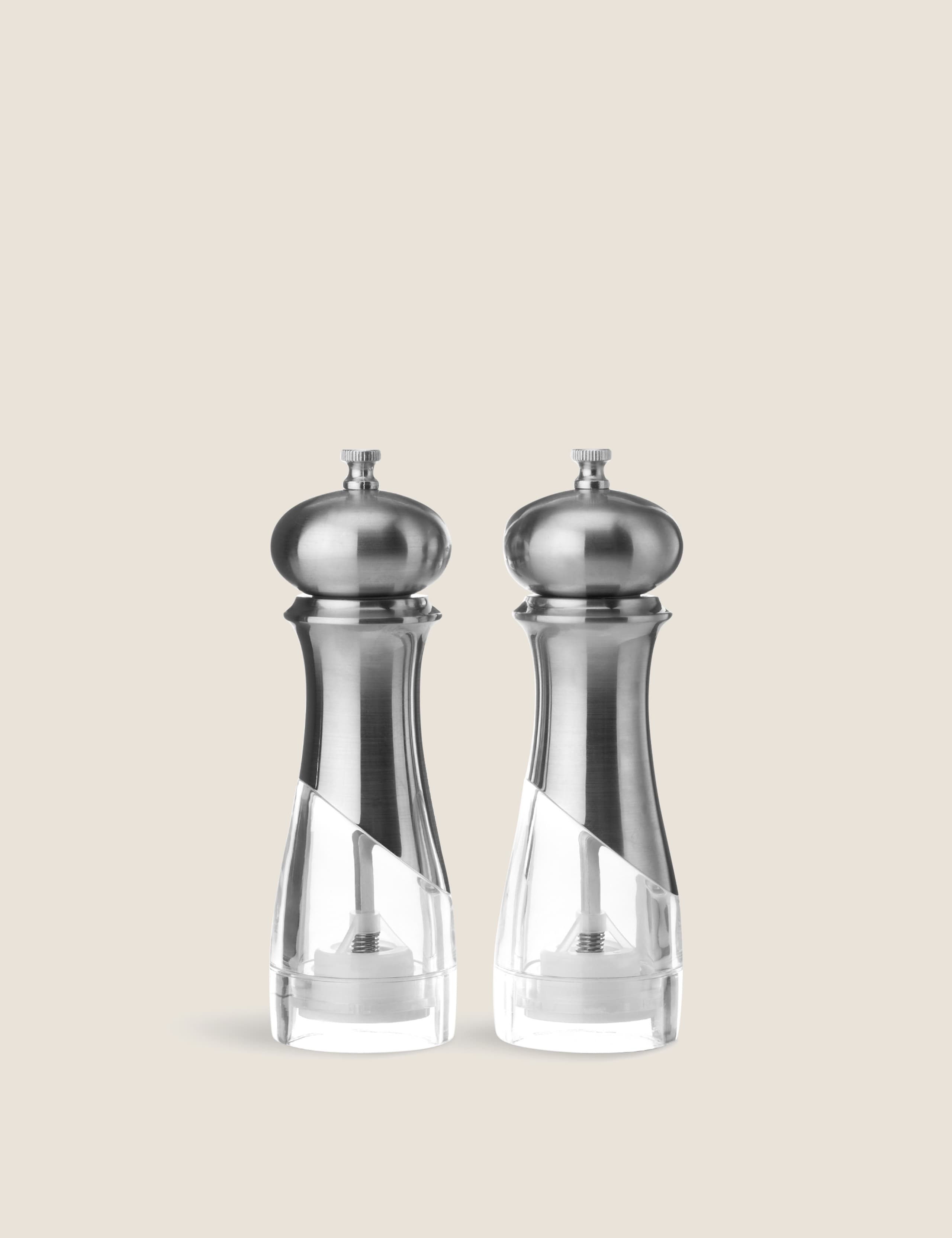 New York salt and pepper mills durable plastic clear base, UK version