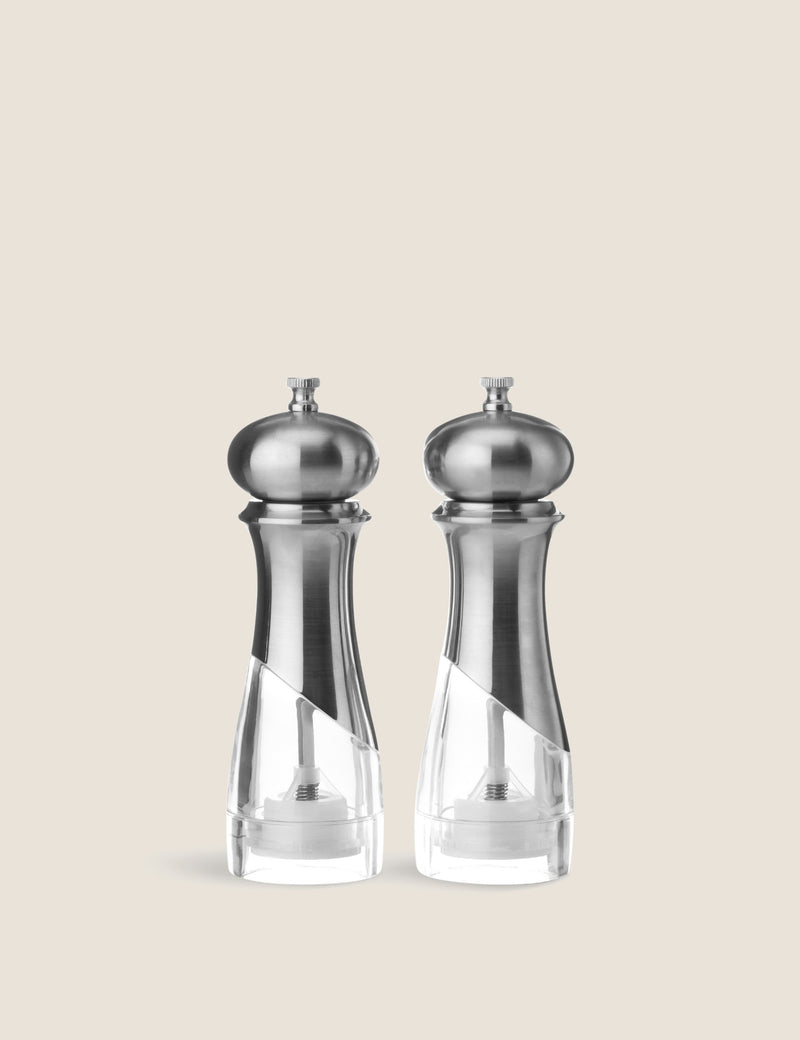 New York salt and pepper mills durable plastic clear base, UK version
