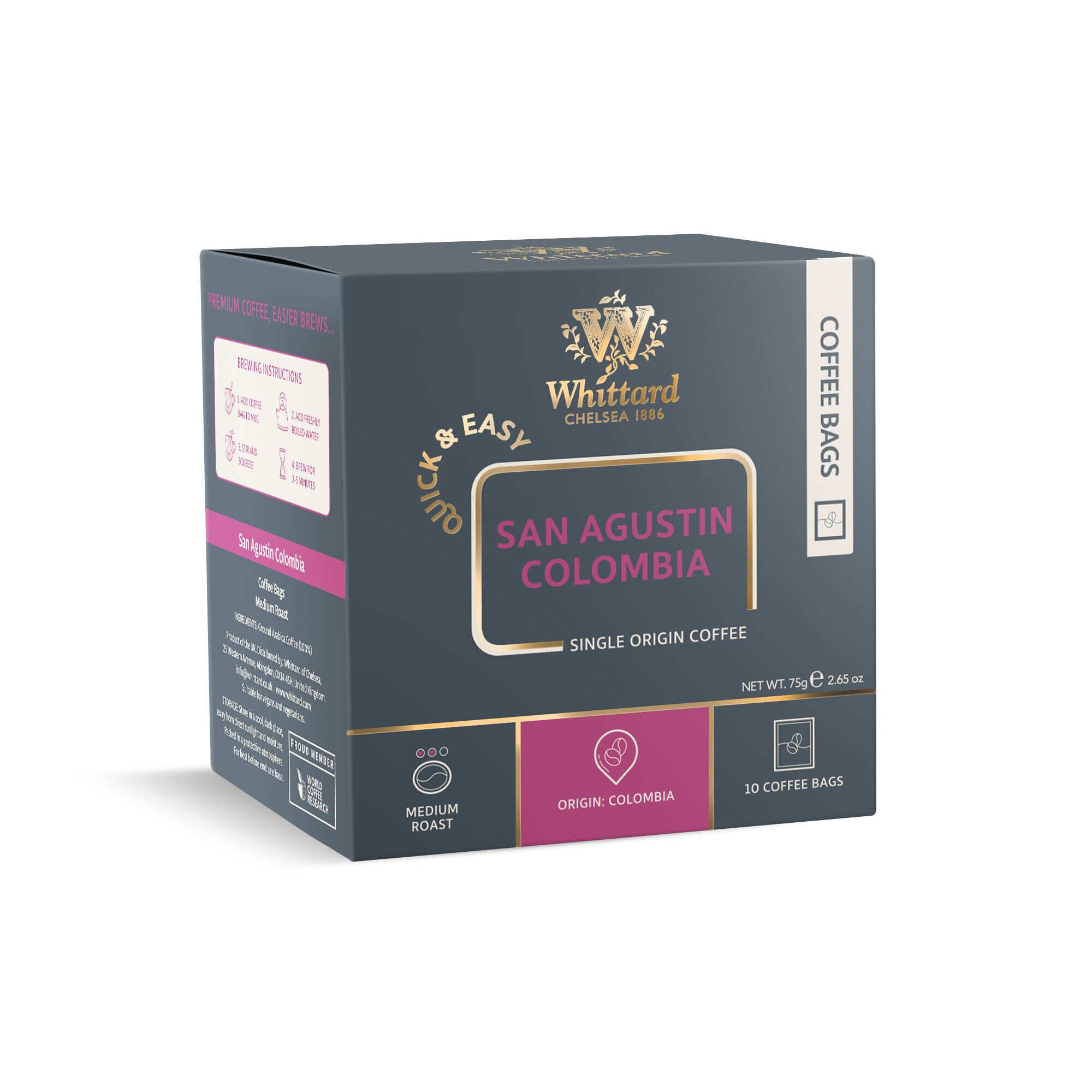 San Agustin medium roast coffee bags 75g, UK version