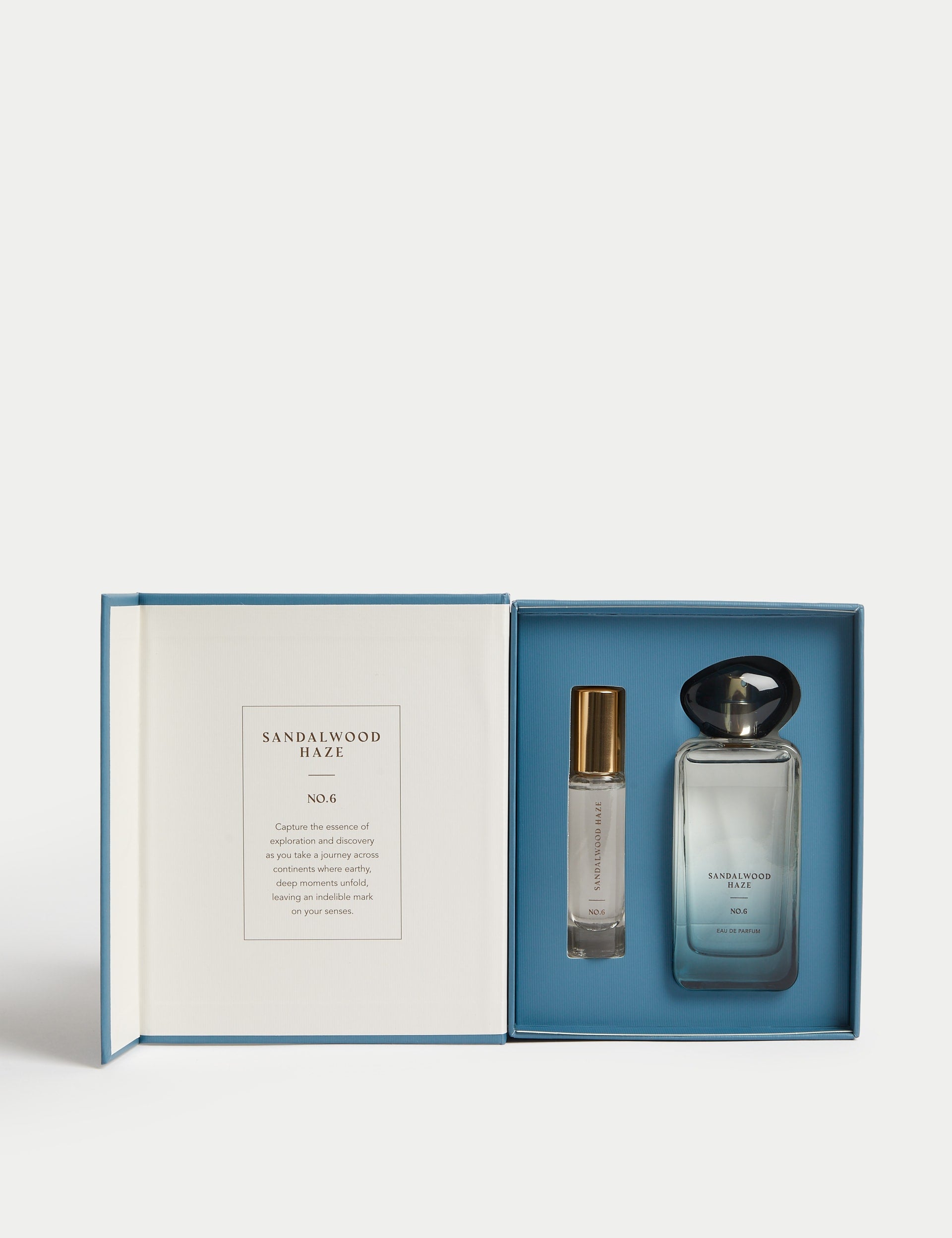 No.6 Sandalwood Haze eau de parfum set with 48ml and 9ml bottles, imported from the UK
