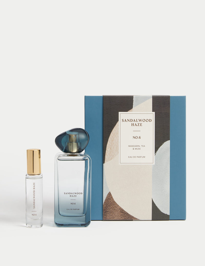 No.6 Sandalwood Haze eau de parfum set with 48ml and 9ml bottles, imported from the UK