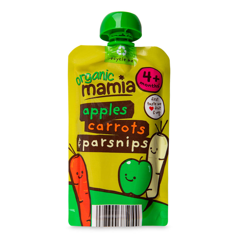Organic baby food pouch with apples, carrots and parsnips, UK version