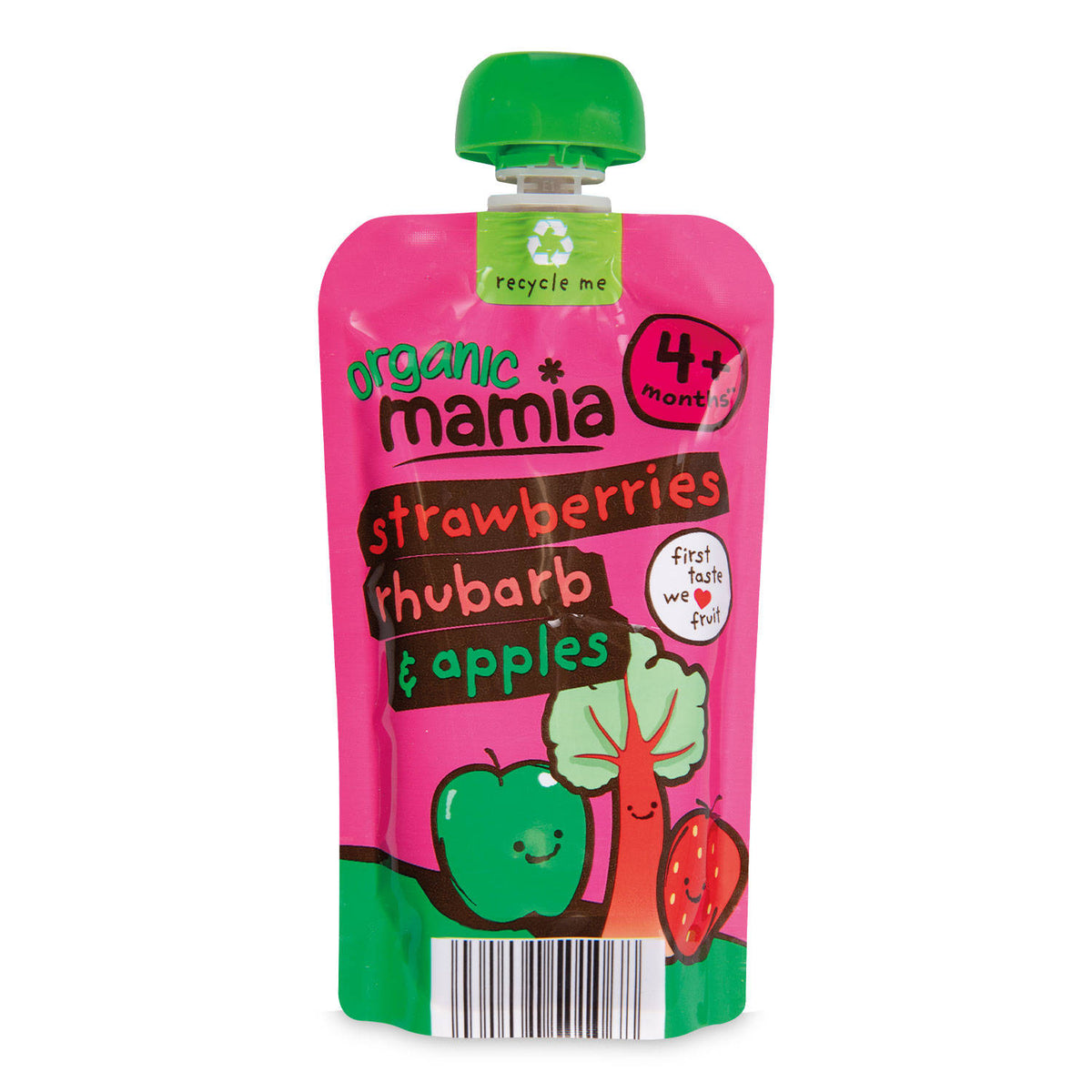 Organic strawberry rhubarb apple fruit pouch, imported from the UK